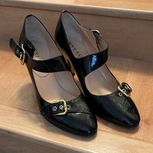 Anyi Lu Black Patent Leather Heels with Gold Buckles 7.5 (read)
